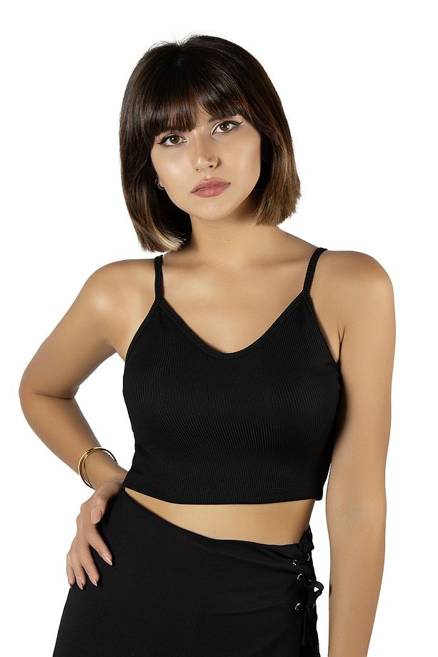 Siyah İp Askılı Fitted/Vücuda Oturan Fitilli Örme Crop Top Bluz - 2