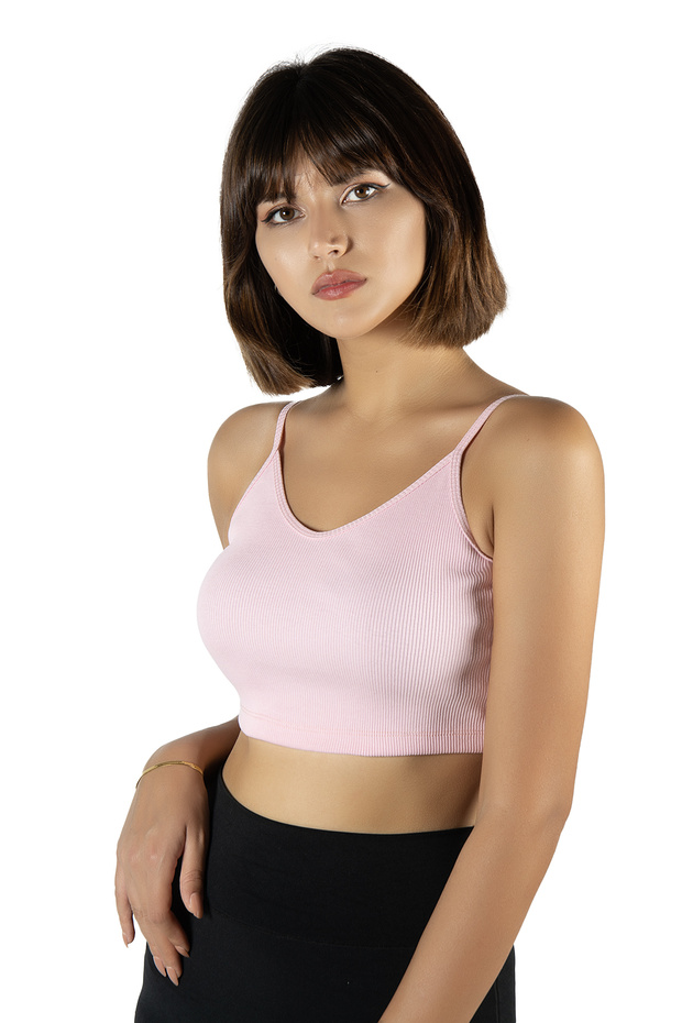 Pembe İp Askılı Fitted/Vücuda Oturan Fitilli Örme Crop Top Bluz - 2
