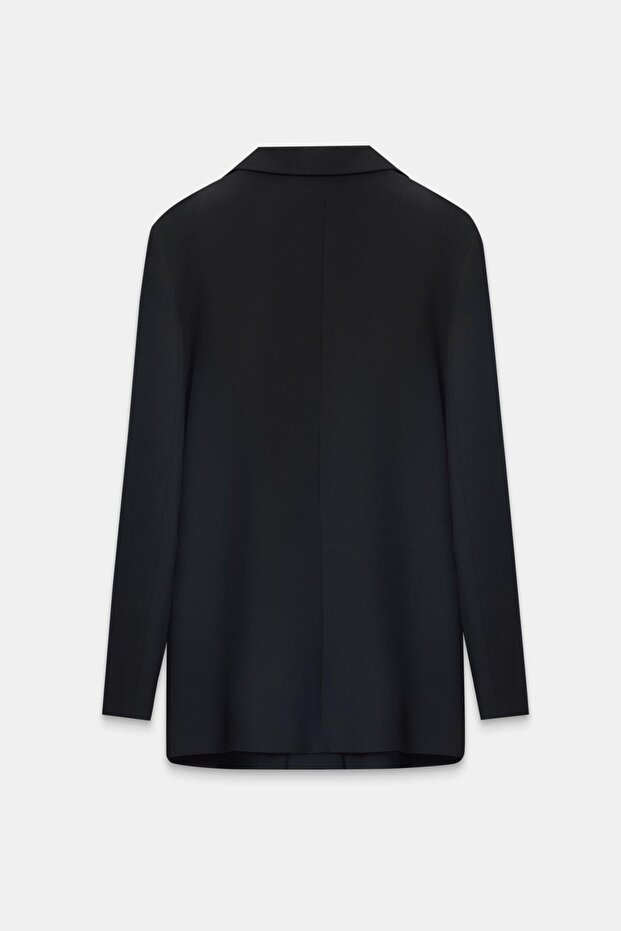 Black Asymmetrical Button Detailed Long Jacket - 7