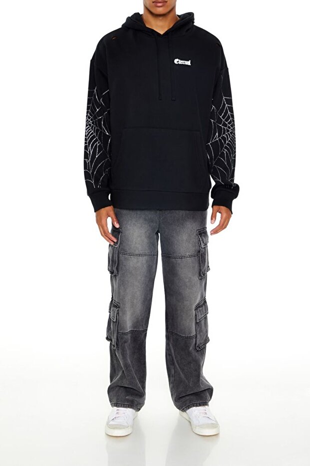 Taş İşlemeli Örümcek Ağı Kapüşonlu Sweatshirt - 2