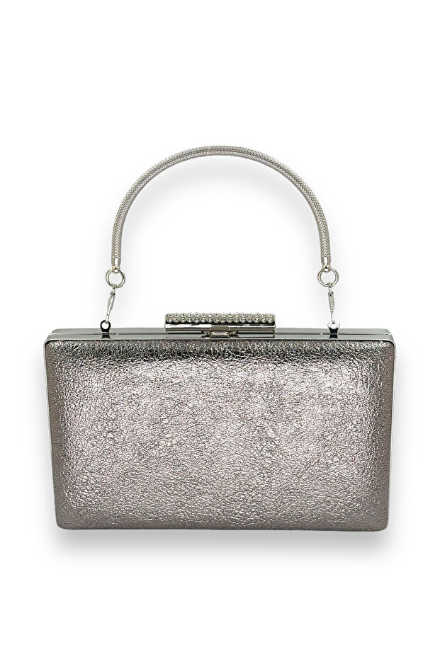 Crystal Patterned Platinum Matte Leather Metal Handle Evening Dress Bag Evening Bag Henna Wedding Engagement Bag
