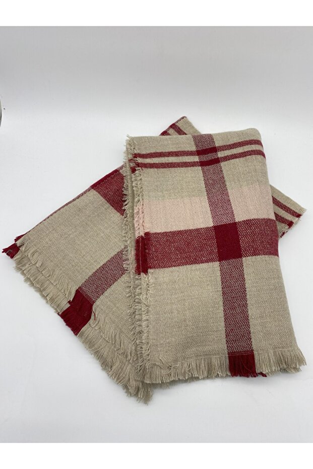 Red Beige Mixed Color Line Detail Shawl