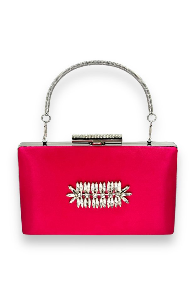 Fuchsia Pink Color Satin Crystal Stone Evening Dress Bag Evening Bag Henna Bridal Bag