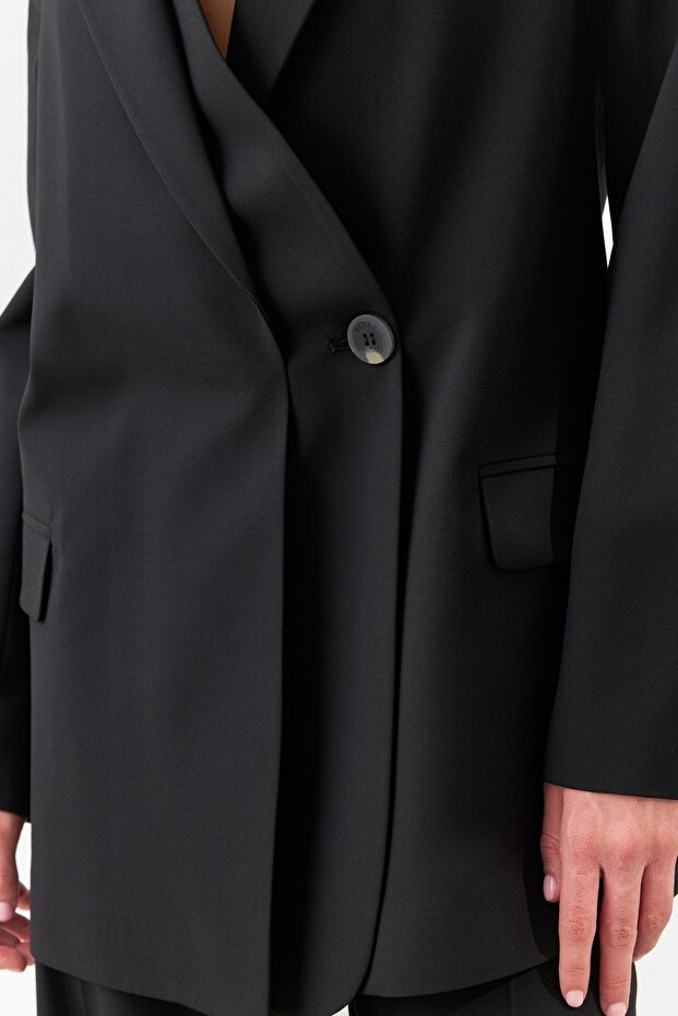 Black Asymmetrical Button Detailed Long Jacket - 2