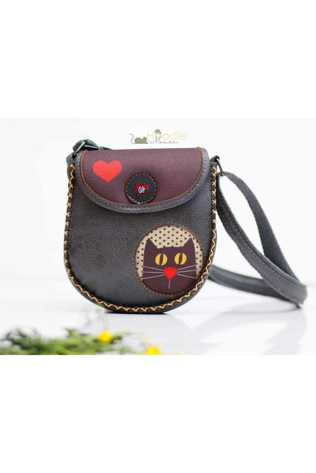 Cross Braided Shoulder Bag with Cat Love Figure Ethnic Bohemian Style - Anthracite