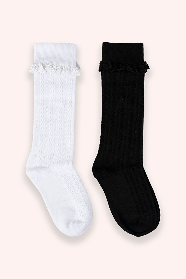 Girl's Lace Knee Length Black and White Socks