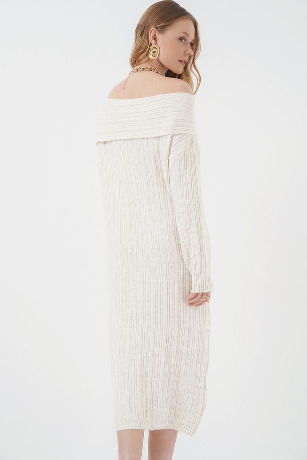 15920 Madonna Yaka Oversize Triko Elbise - Ekru - 6