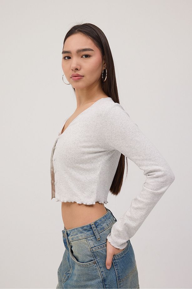 Uzun Kollu Düğmeli Crop Hırka H1666-T10 - 4