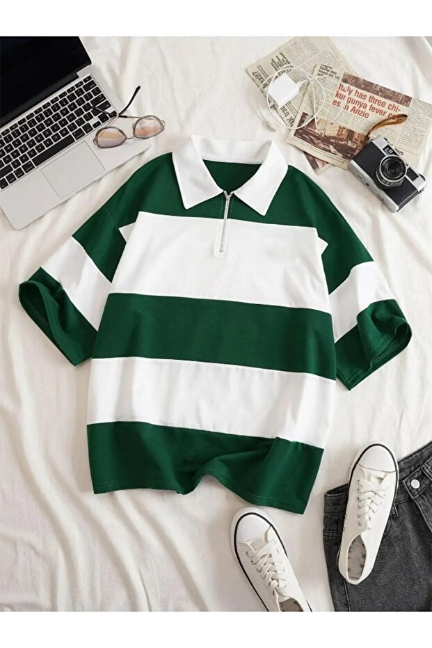 Men's Green-White Striped Split Zippered Polo Neck Oversize Summer T-Shirt