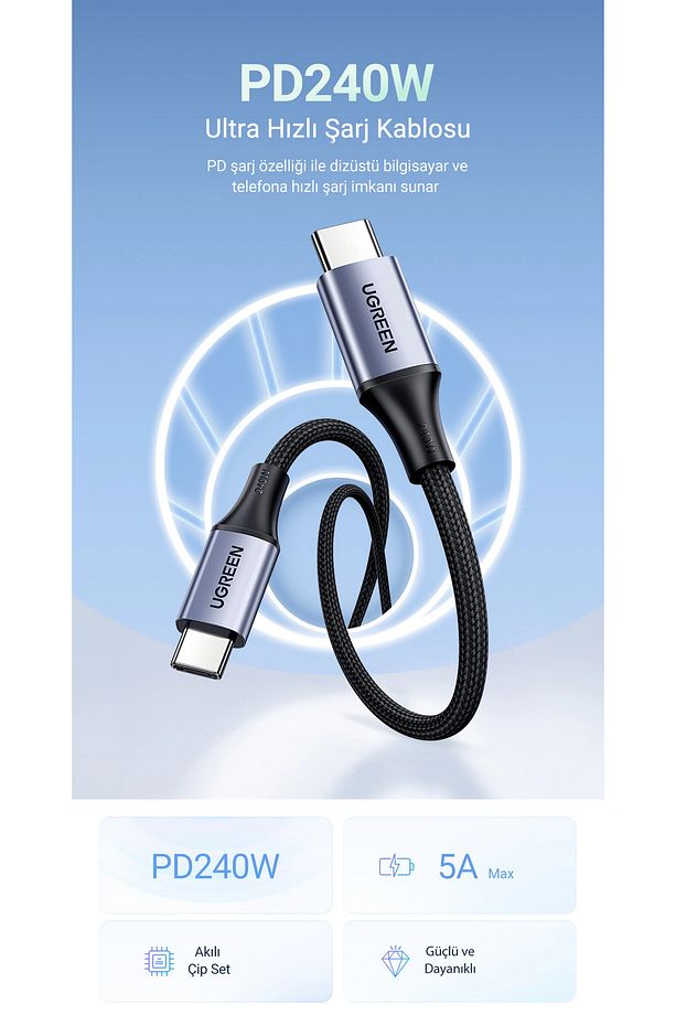 Usb-c 240w Örgülü Hızlı Şarj Kablosu, 1 Metre, Siyah - 15311 - 7
