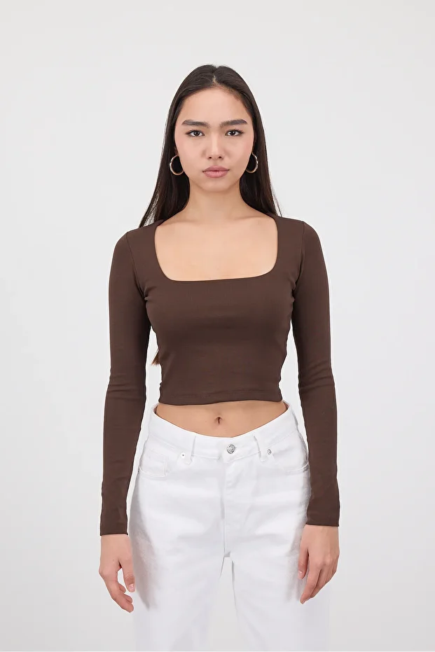 Kare Yaka Uzun Kollu Basic Crop Bluz B3713-J1 - 1