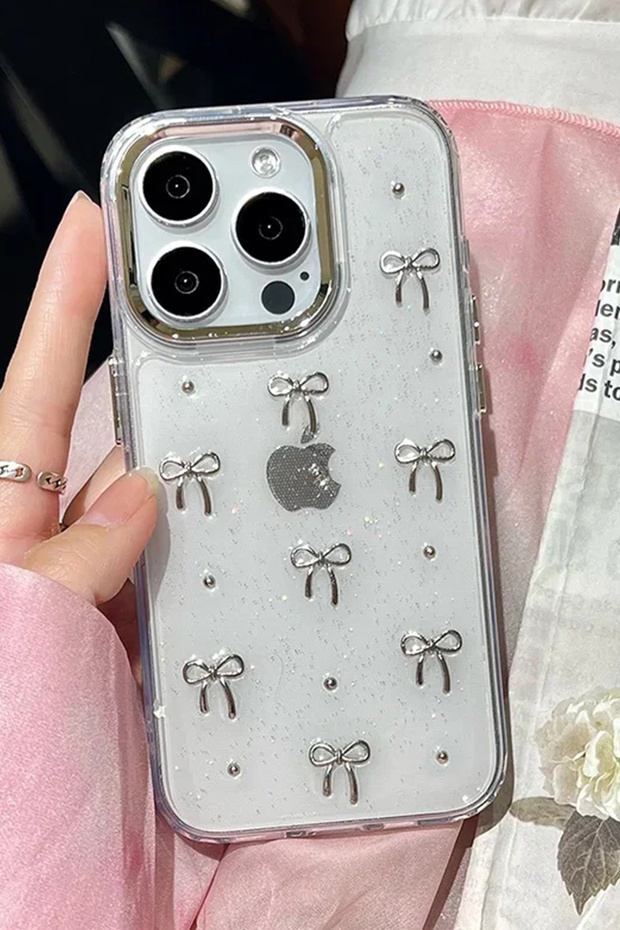 iPhone 14 Pro Compatible Bow Pattern Transparent Cover Glitter Shockproof Phone Case