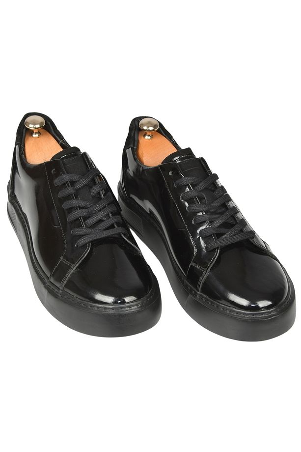 Erkek Siyah Bağcıklı Yüksek Taban Parlak Ortopedik Casual Deri Ayakkabı Sneaker 2509967 - 1