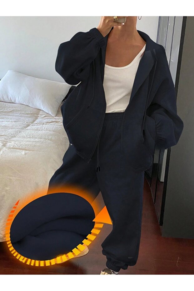 Navy Blue Hooded Full Zip Thick Winter Oversize Women's Tracksuit Set