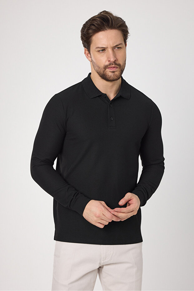 Lewin Men's Black 100% Cotton Waffle-Free Stretching Knitted Fabric Slim Fit Long Sleeve Polo T-Shirt
