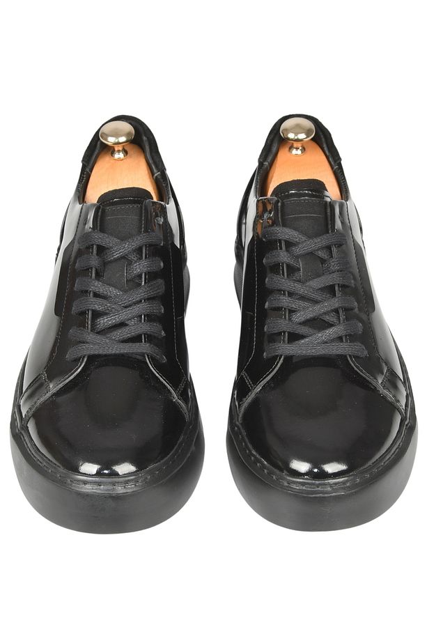 Erkek Siyah Bağcıklı Yüksek Taban Parlak Ortopedik Casual Deri Ayakkabı Sneaker 2509967 - 4