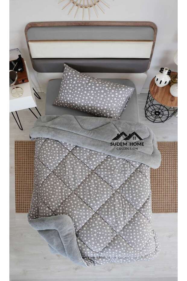 Welsoft Single Soft Quilt - Double Plush Sides, Fluffy, Gray Star Pattern - 1