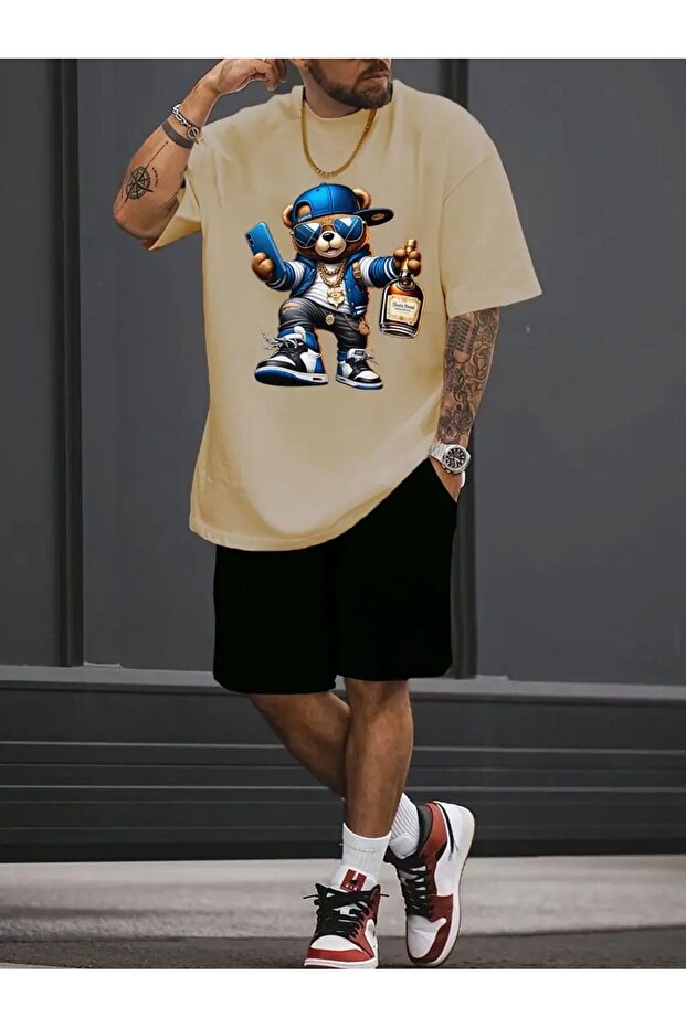 Men's Johnnie Walker Printed T-Shirt Short Wide Leg Comfortable Fit Black Bottom Beige Top Short Set