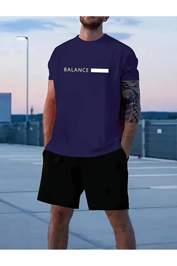 Men's Bl Printed T-Shirt Short Wide Leg Comfortable Fit Black Bottom Navy Blue Top Short Set