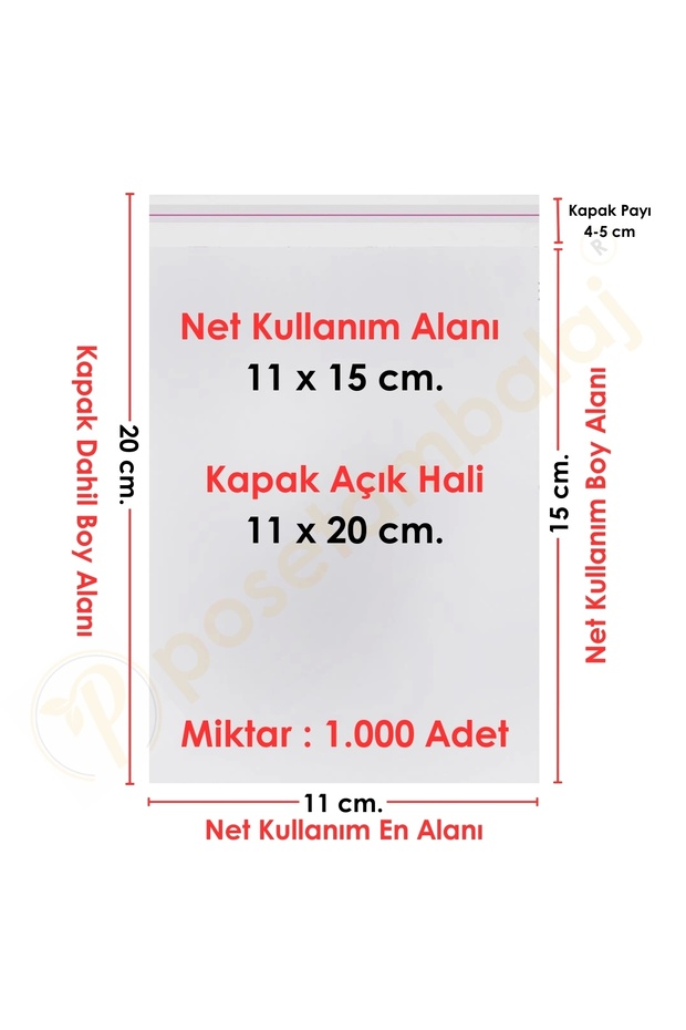 11x15+5 Cm. (11*20) 1.000 Adet - Şeffaf Bantlı Yapışkanlı Opp Jelatin Poşet - 1