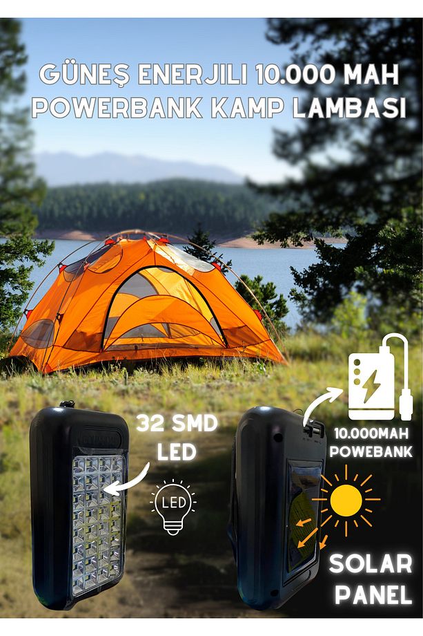 Güneş Enerjili Doldurulabilir Powerbank Ledli Işıldak Kamp Ekipmanı, 10.000 mah - 1