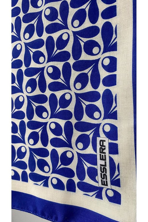 Saks Mavisi Çiçek Desenli Beyaz Şeritli Soft Eşarp - Kırışmaz Ve Dört Mevsim Kullanım - 6