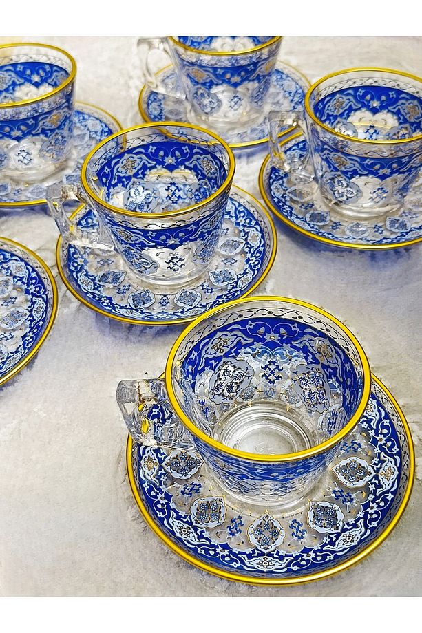 Altın Mavi Desenli Paşabahçe 6 Adet Büyük Fincan 6 Adet Fincan Tabağı Set. 195 Ml. - 2