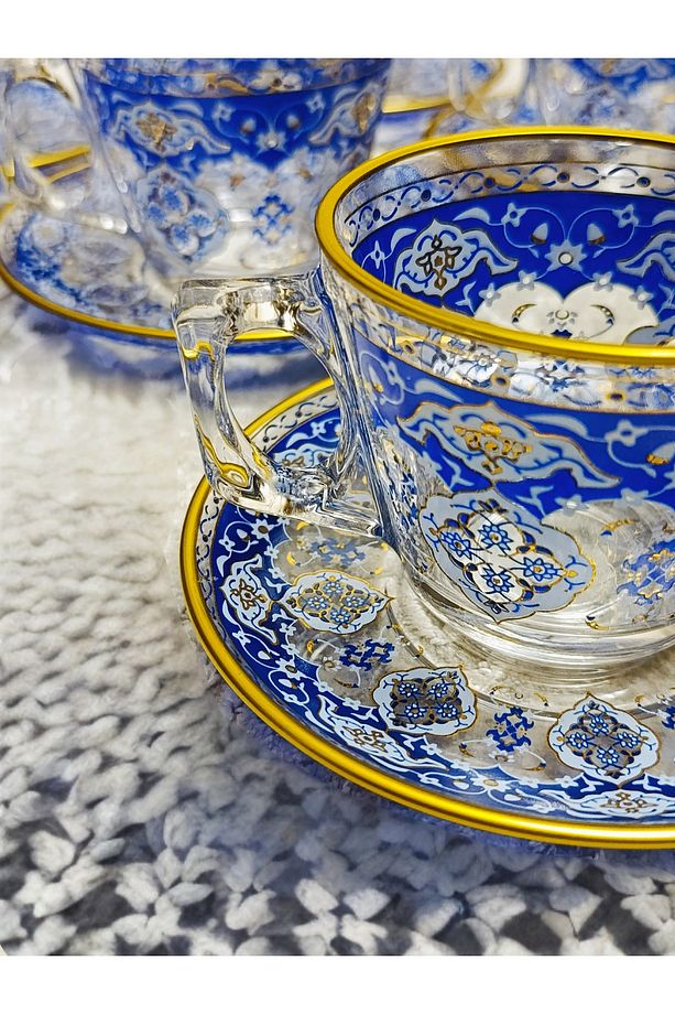 Altın Mavi Desenli Paşabahçe 6 Adet Büyük Fincan 6 Adet Fincan Tabağı Set. 195 Ml. - 3