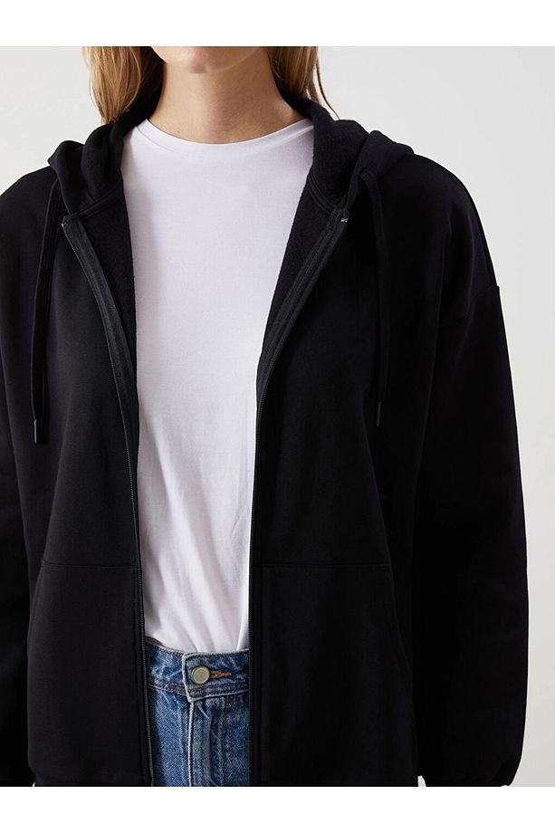 LCW Modest Siyah Kapüşonlu Oversize Kadın Fermuarlı Sweatshirt - 3