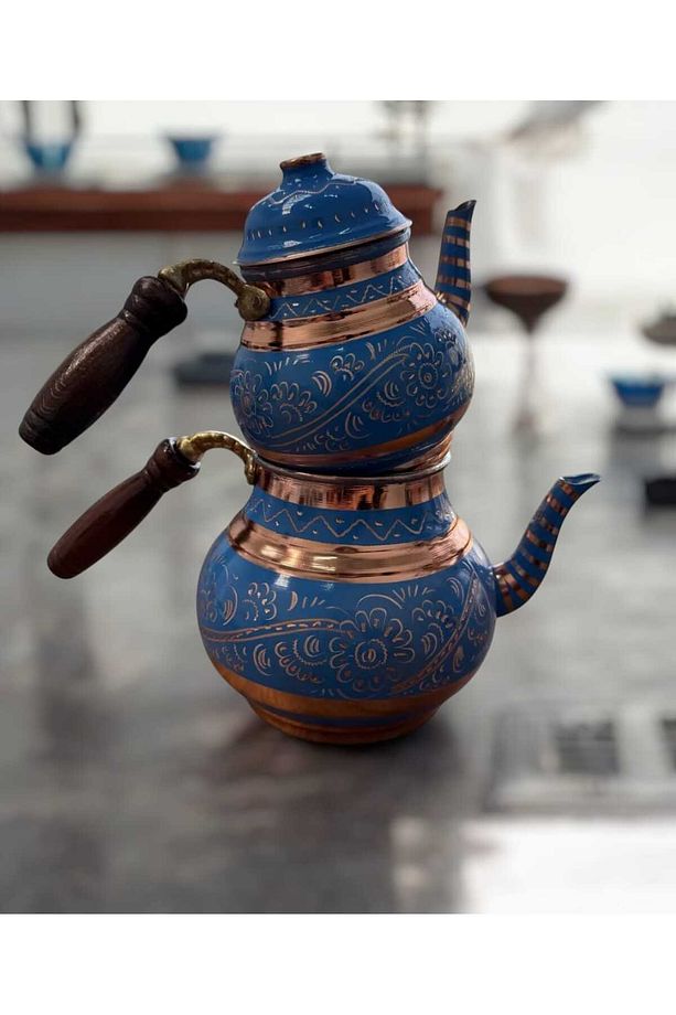 Erzincan İşlemeli Büyük Boy Bakır Çaydanlık Mavi - 3