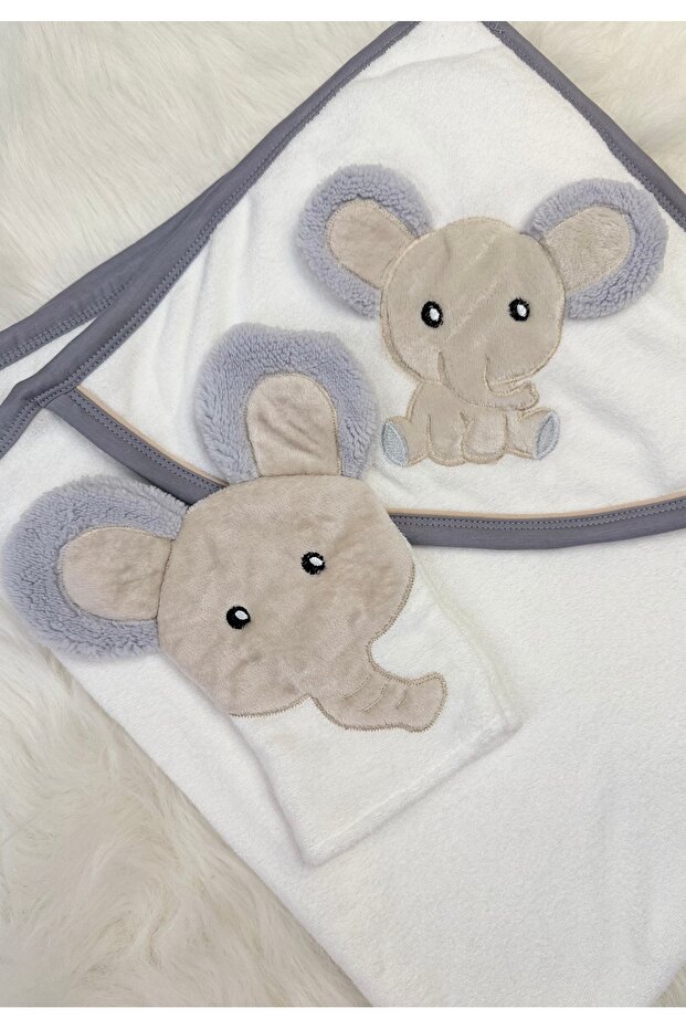 100% Cotton Elephant Embroidered Swaddle Towel and Scrub Set