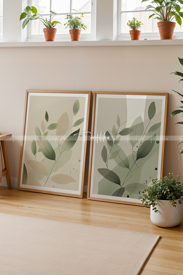 Minimalist Yeşil Yaprak Tasarımlı Ahşap Çerçeveli 2'li Tablo Seti-30x42 - 1