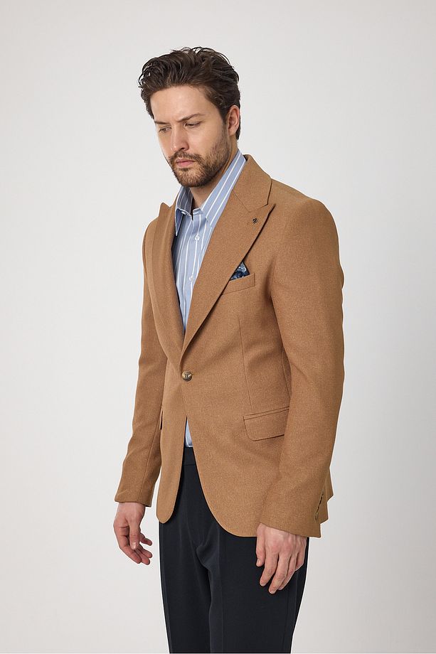 Classo Erkek Camel Slim Fit Sivri Yaka Kendinden Desenli Blazer Ceket - 4
