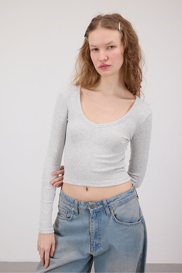 V Yaka Uzun Kollu Modal Bluz B13798-R11 - 3