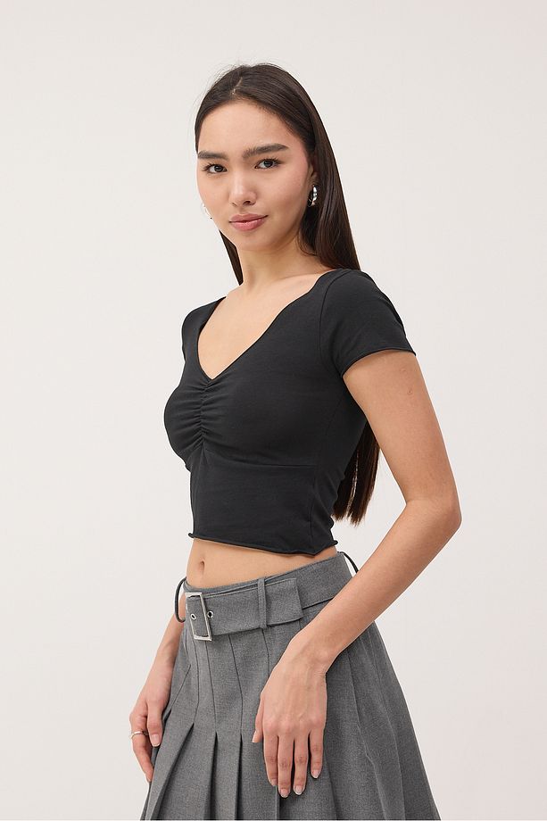 V Yaka Kısa Kollu Crop Bluz B1626-T8 - 6