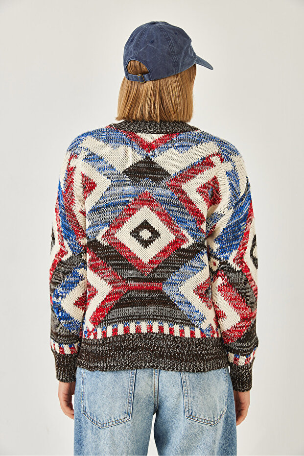 Kadın Fermuarlı Desenli Triko Hırka 20246951 - 7