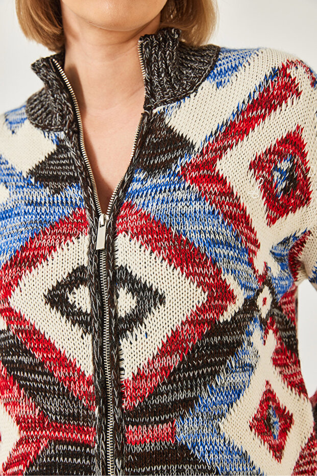 Kadın Fermuarlı Desenli Triko Hırka 20246951 - 6