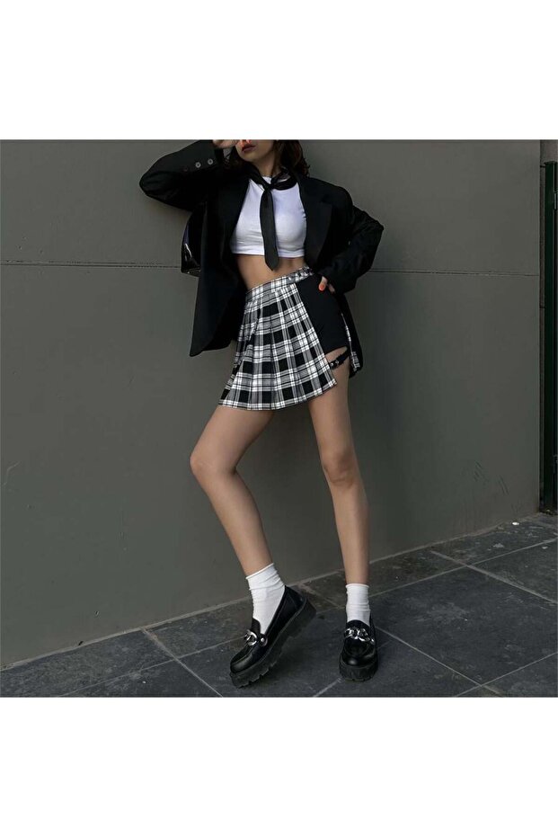 New Black and White Plaid Belted Mini Skirt with Shorts