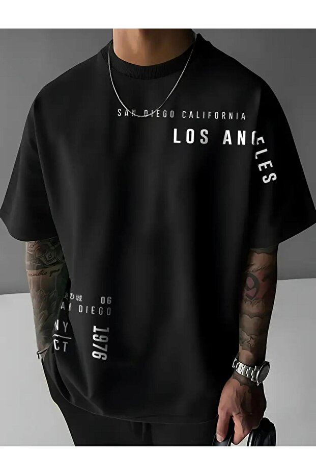 Sandıego California Sleeve Printed Cotton Combed Round Neck Black T-Shirt