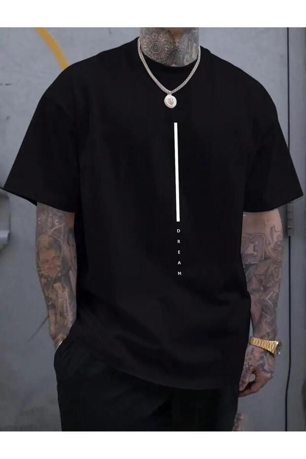 Vertical Dream Printed Cotton Combed Round Neck Black T-Shirt