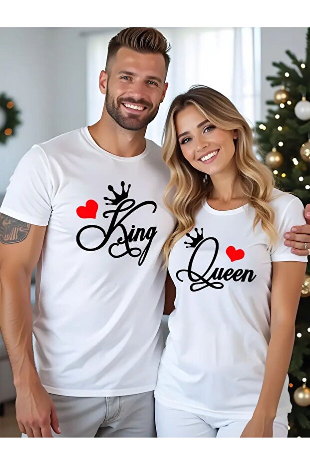 King Quen Printed Couple Combination Cotton Round Neck White T-Shirt