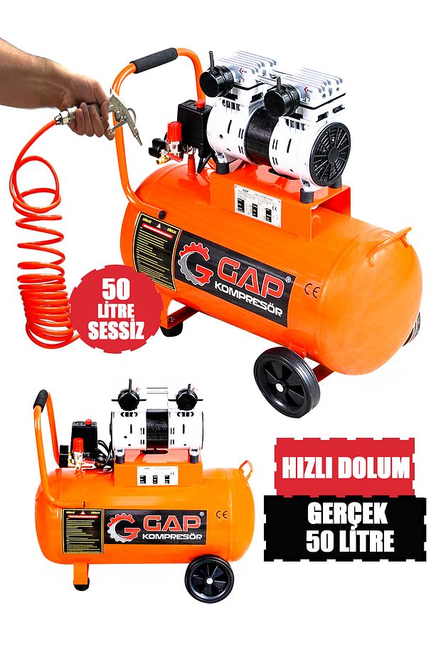 Gap Bakır Sargı Motor Gerçek 50 LT Süper Sessiz Yağsız Hava Kompresörü Seti - 1