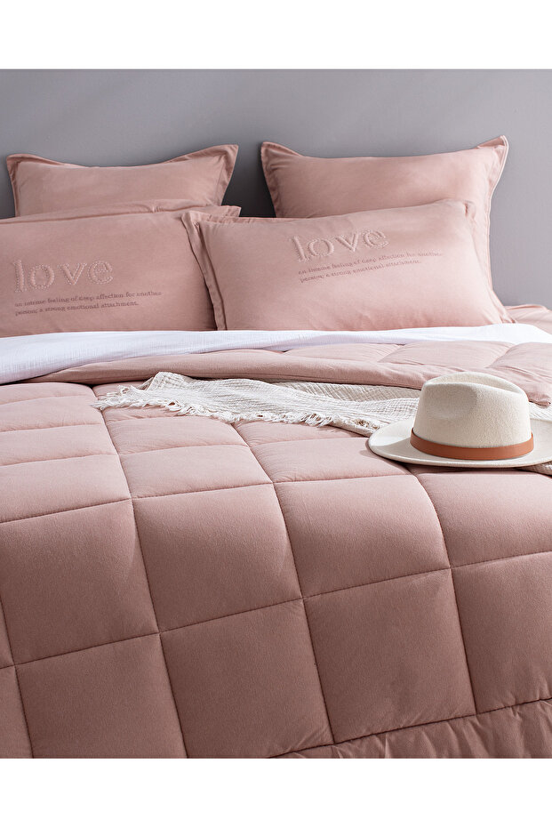 Bobigny King Size Pamuklu Supersoft Comforter Set - Pudra - 2