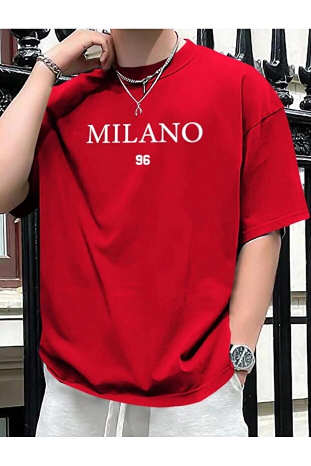Milono 96 Patterned Unisex Cotton Round Neck Red T-Shirt