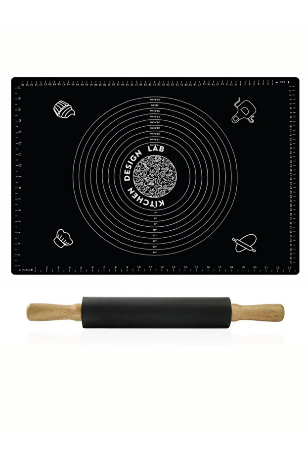 Set of 2 Black 45X65 cm Silicone Dough Rolling Mat and Black Silicone Roller 42 cm