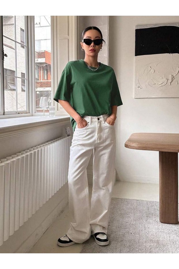 Knov Women's Back Printed Comfort Fit Cotton Combed Green T-Shirt