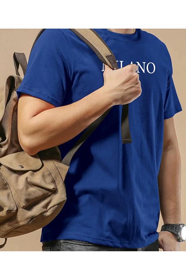 Milono 96 Patterned Unisex Cotton Round Neck Cobalt Blue T-Shirt