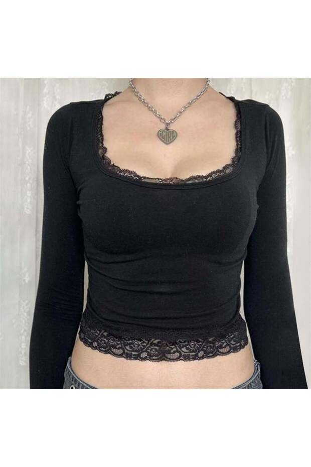 الدانتيل الأساسية السوداء مفصلة كم طويل المحاصيل