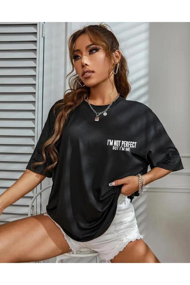 Im Not Perfect Front Back Printed Cotton Round Neck Black T-Shirt