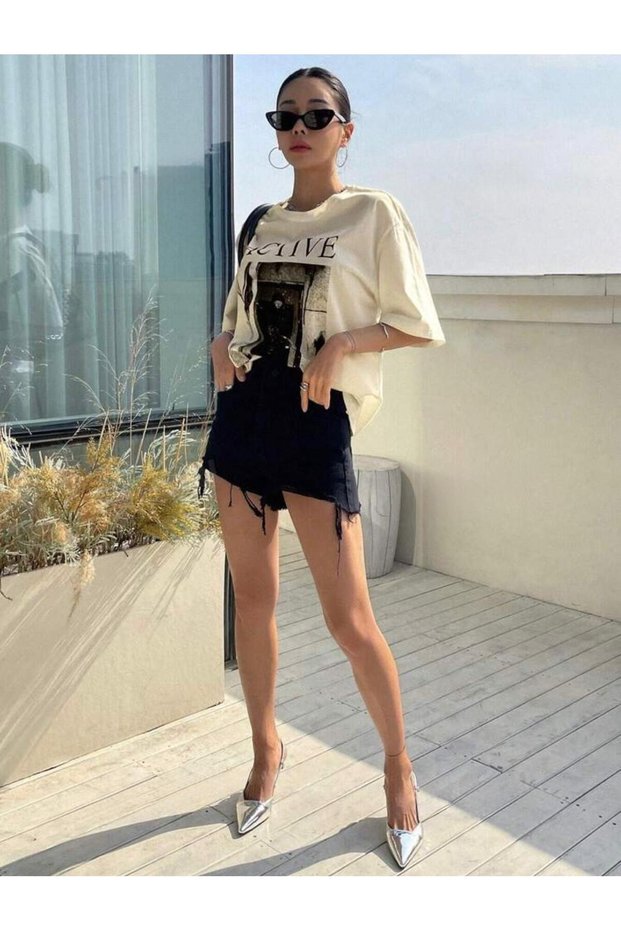 Active Printed Women's Comfortable Fit Cotton Combed Cotton Short Sleeve Round Neck Beige T-Shirt